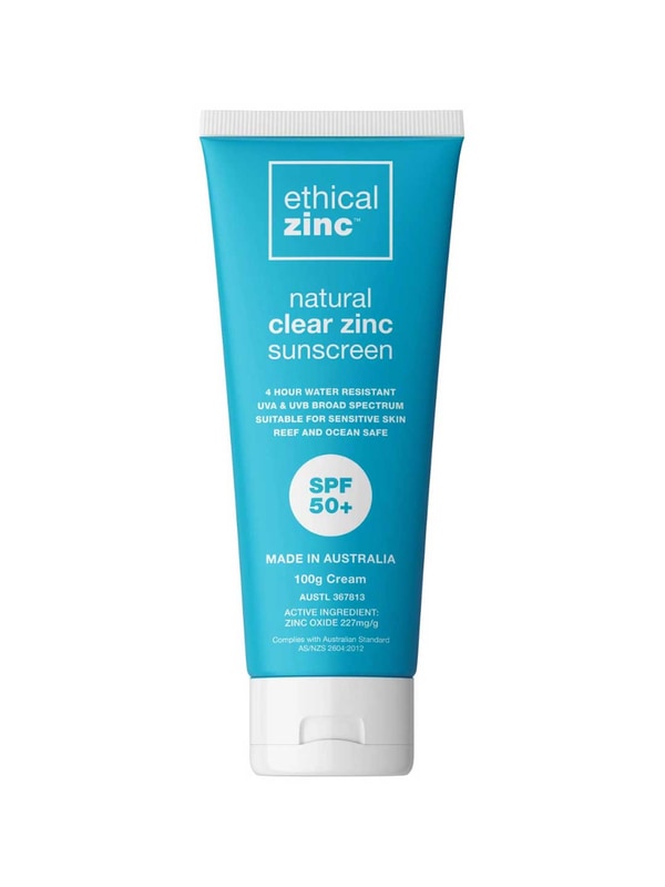 A blue tube of Ethical Zinc Natural Clear Zinc Sunscreen SPF 50+ 100g, reef safe, water resistant, broad spectrum, suitable for sensitive skin, and made in Australia.