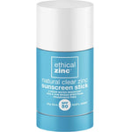 A blue and white cylindrical container labeled "Ethical Zinc Natural Clear Zinc Sunscreen Stick SPF 50 50g" is fragrance free, broad spectrum, reef safe, and water resistant for 2 hours.