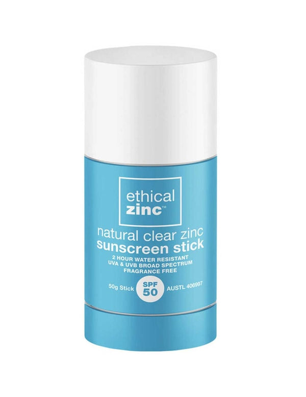 A blue and white cylindrical container labeled "Ethical Zinc Natural Clear Zinc Sunscreen Stick SPF 50 50g" is fragrance free, broad spectrum, reef safe, and water resistant for 2 hours.