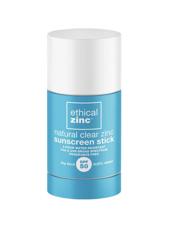 A blue and white cylindrical container labeled "Ethical Zinc Natural Clear Zinc Sunscreen Stick SPF 50 50g" is fragrance free, broad spectrum, reef safe, and water resistant for 2 hours.