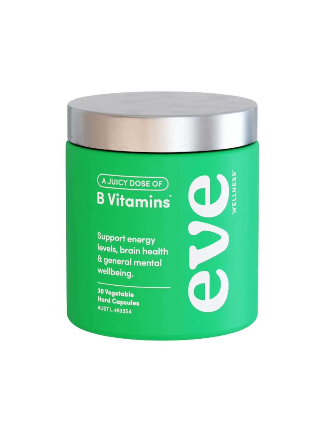 Eve Wellness A Juicy Dose of B Vitamins (30 caps) is a green jar with a silver lid, supporting metabolism, energy, brain health, and mental wellbeing with daily vegetable capsules.