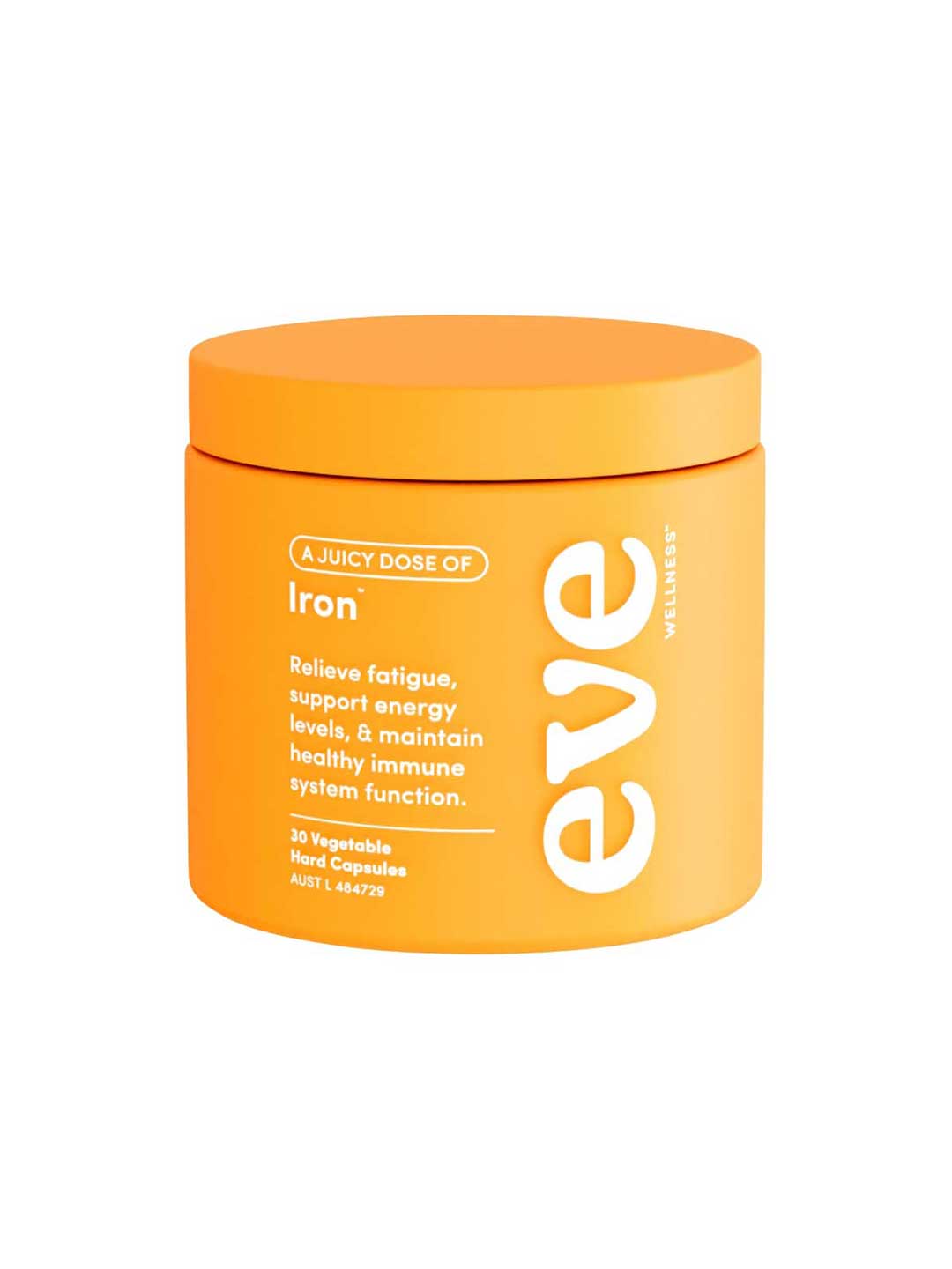 Eve Wellness A Juicy Dose of Iron 30 caps provides 30 vegetable hard capsules of a gentle, highly absorbable iron supplement to help relieve fatigue, boost energy, and support immune health.