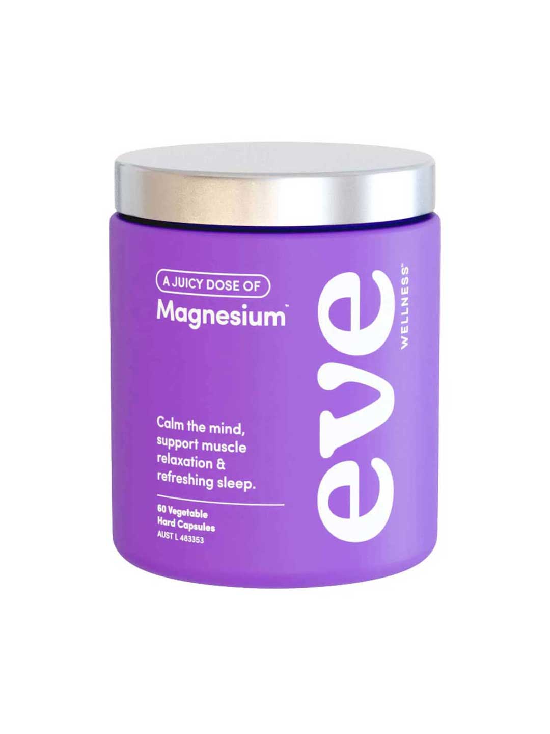 Eve Wellness A Juicy Dose of Magnesium - Magnesium Glycinate 60 caps delivers magnesium for muscle relaxation and restful sleep in a purple container with a silver lid—60 vegetable capsules to help promote calm and relaxation.