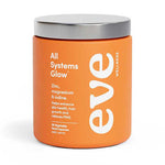 An orange Eve Wellness All Systems Glow 90 caps jar with a silver lid features zinc, magnesium glycinate & iodine to support skin health, hair growth, and PMS relief. Contains 90 vegetable capsules.