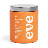 An orange Eve Wellness All Systems Glow 90 caps jar with a silver lid features zinc, magnesium glycinate & iodine to support skin health, hair growth, and PMS relief. Contains 90 vegetable capsules.