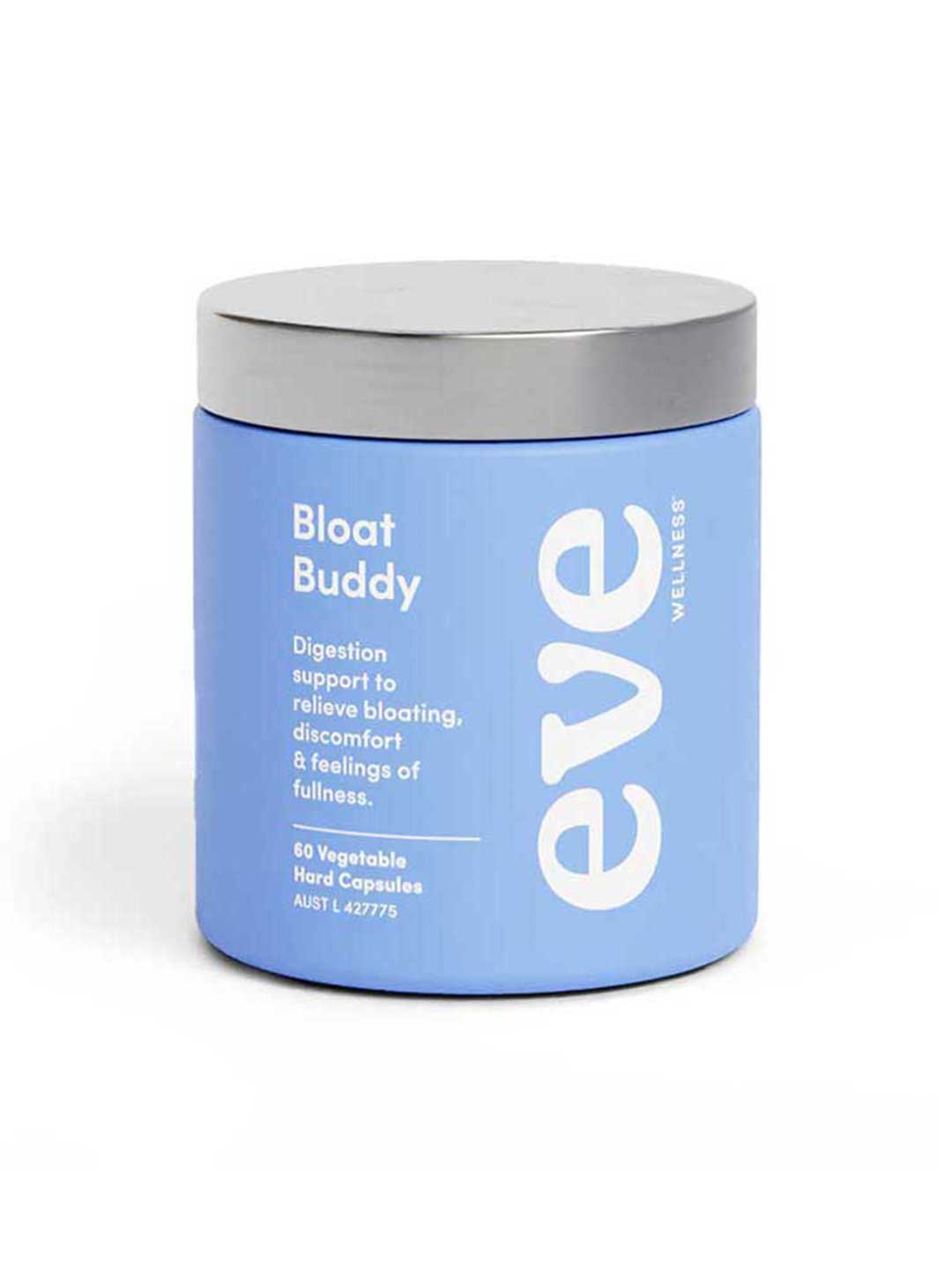 Eve Wellness Bloat Buddy 60 caps is a blue container with 60 vegetable capsules designed to support healthy digestion and ease abdominal bloating, discomfort, and feelings of fullness.