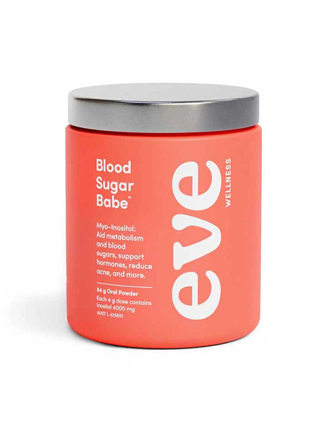 A red jar labeled Eve Wellness Blood Sugar Babe 84g with a silver lid. Supports blood sugar, metabolism, hormones, and acne relief. Contains 84g of myo-inositol powder in an oral formula.