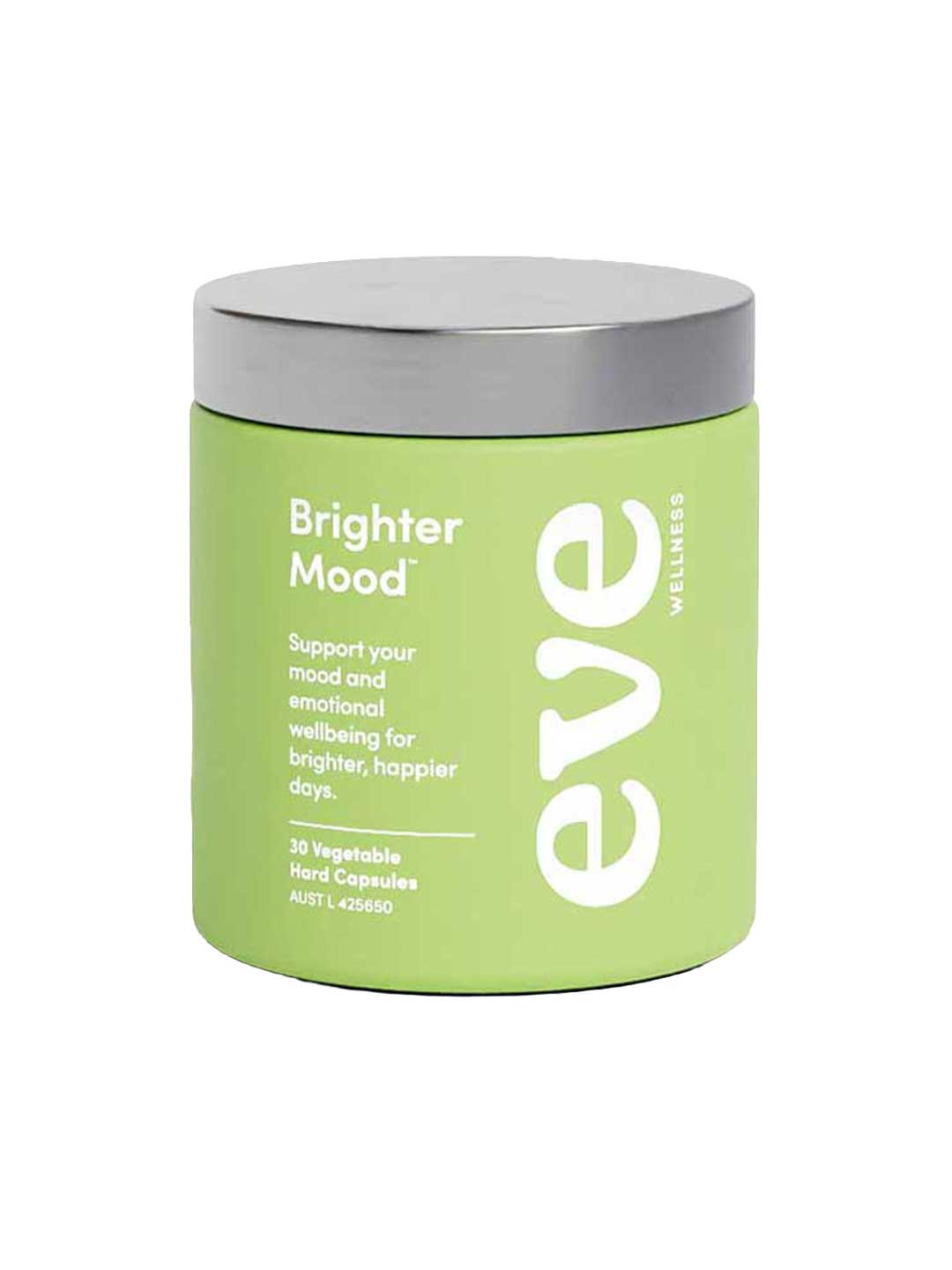 A green and silver container labeled Eve Wellness Brighter Mood 30 caps, containing 30 vegetable capsules to support mood balance and emotional wellbeing for brighter, happier days.