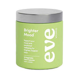 A green and silver container labeled Eve Wellness Brighter Mood 30 caps, containing 30 vegetable capsules to support mood balance and emotional wellbeing for brighter, happier days.