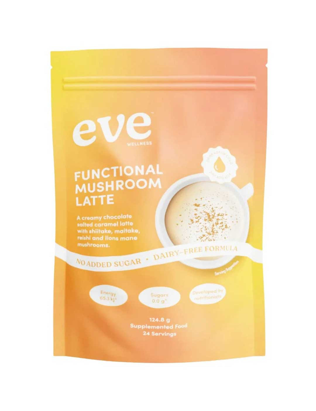 A yellow-orange pouch labeled Eve Wellness Functional Mushroom Latte - Salted Caramel 124.8g, featuring energy support, no added sugar, dairy-free formula, with Lion’s Mane mushrooms and collagen illustrated on the pack.