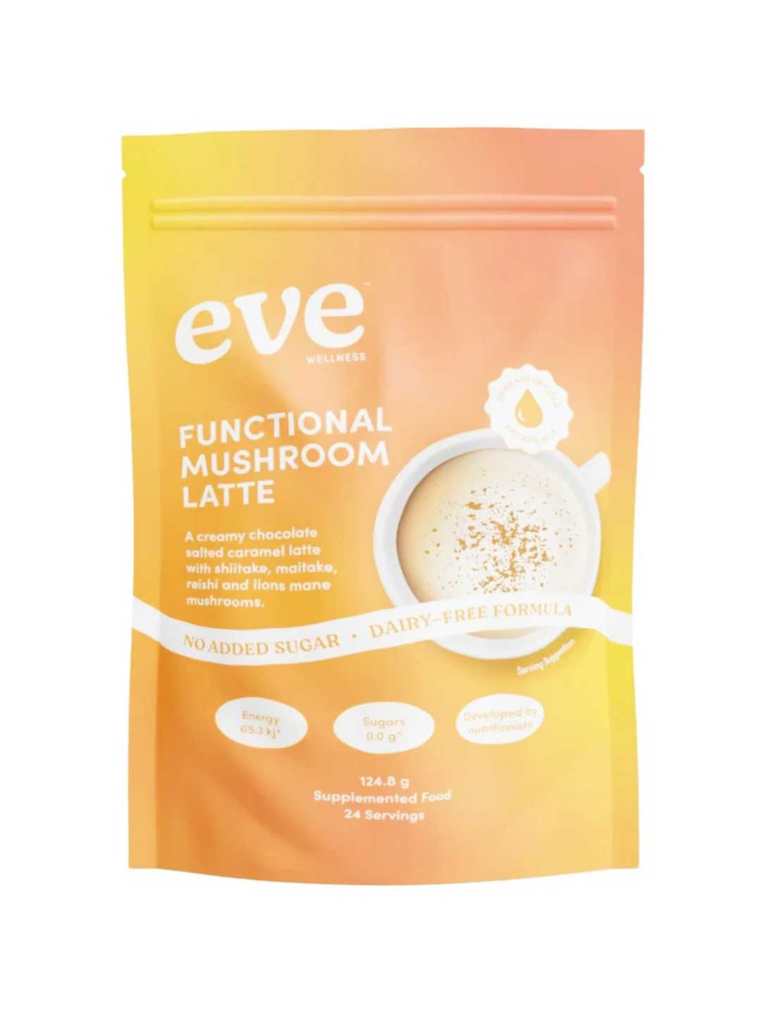 A yellow-orange pouch labeled Eve Wellness Functional Mushroom Latte - Salted Caramel 124.8g, featuring energy support, no added sugar, dairy-free formula, with Lion’s Mane mushrooms and collagen illustrated on the pack.