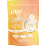 A yellow-orange pouch labeled Eve Wellness Functional Mushroom Latte - Salted Caramel 124.8g, featuring energy support, no added sugar, dairy-free formula, with Lion’s Mane mushrooms and collagen illustrated on the pack.