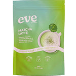 A green pouch labeled Eve Wellness Matcha Latte 96g, featuring a cup of oat milk matcha. The pack highlights organic matcha, vegan, dairy-free, no added sugar, sweetened with monk fruit, and contains 24 servings.