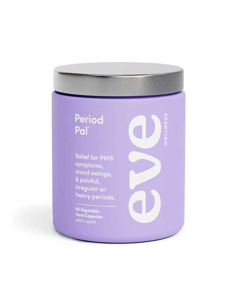 Eve Wellness Period Pal 60 caps comes in a lavender jar with a silver lid and contains 60 vegetable capsules for PMS relief, mood swings, period pain, and hormonal balance.