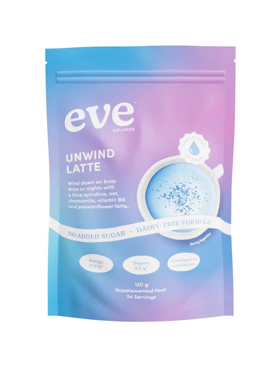 Eve Wellness Unwind Latte with Blue Spirulina and Chamomile 120g comes in a pastel blue and purple resealable pouch, features a blue latte, contains 24 servings, and is dairy-free with no added sugar.