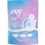 Eve Wellness Unwind Latte with Blue Spirulina and Chamomile 120g comes in a pastel blue and purple resealable pouch, features a blue latte, contains 24 servings, and is dairy-free with no added sugar.