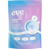 Eve Wellness Unwind Latte with Blue Spirulina and Chamomile 120g comes in a pastel blue and purple resealable pouch, features a blue latte, contains 24 servings, and is dairy-free with no added sugar.