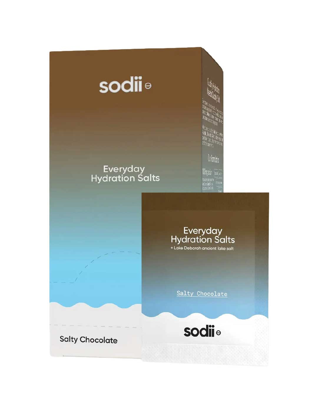 Sodii Everyday Hydration Salts packaging, featuring a brown-to-blue gradient box and a matching single-serve packet labeled 'Salty Chocolate'.