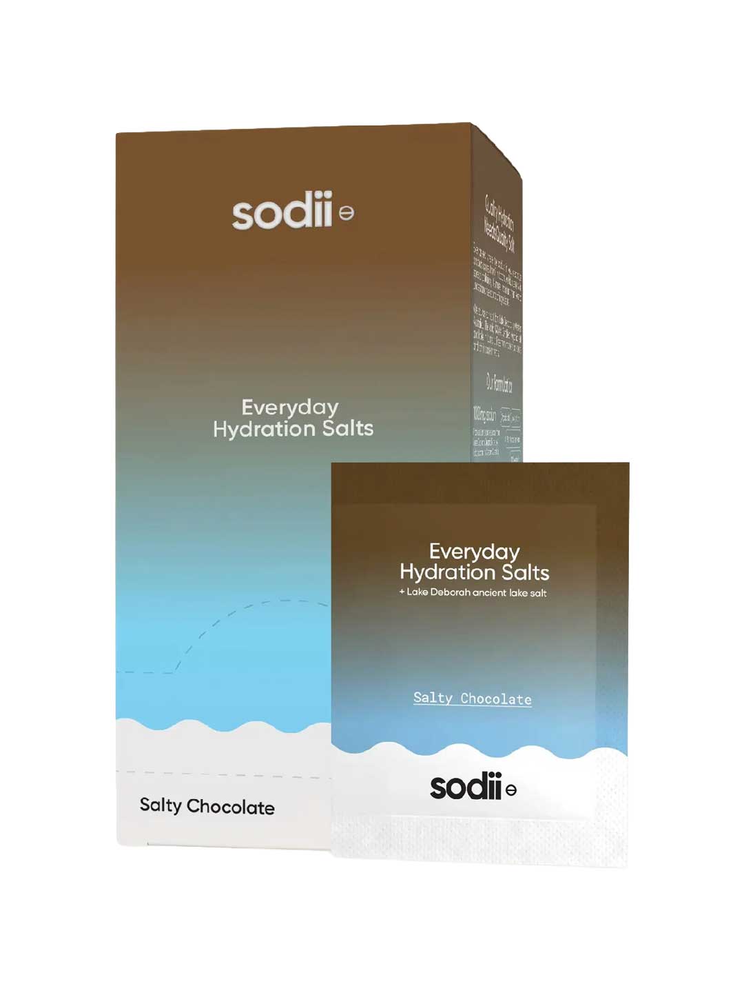 Sodii Everyday Hydration Salts packaging, featuring a brown-to-blue gradient box and a matching single-serve packet labeled 'Salty Chocolate'.
