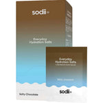 Sodii Everyday Hydration Salts packaging, featuring a brown-to-blue gradient box and a matching single-serve packet labeled 'Salty Chocolate'.