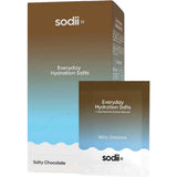 Sodii Everyday Hydration Salts packaging, featuring a brown-to-blue gradient box and a matching single-serve packet labeled 'Salty Chocolate'.