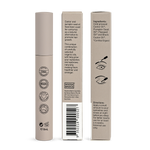 Back of a closed beige Noosa Basics Eye Lash and Brow Revitaliser tube beside two carton panels showing product information, ingredients, illustrated eye and brow application guides, and a barcode.