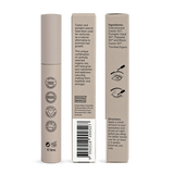 Back of a closed beige Noosa Basics Eye Lash and Brow Revitaliser tube beside two carton panels showing product information, ingredients, illustrated eye and brow application guides, and a barcode.