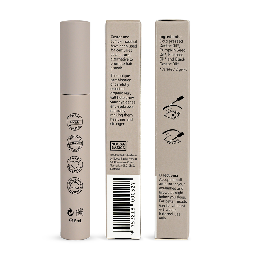 Back of a closed beige Noosa Basics Eye Lash and Brow Revitaliser tube beside two carton panels showing product information, ingredients, illustrated eye and brow application guides, and a barcode.