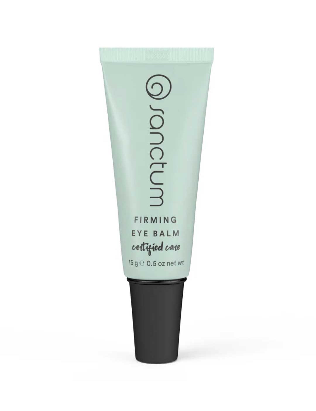 A light green tube of Sanctum Firming Eye Balm stands upright with a black cap. This organic eye cream, certified care by Sanctum, contains 15g (0.5 oz) and is enriched with hyaluronic acid for extra hydration.