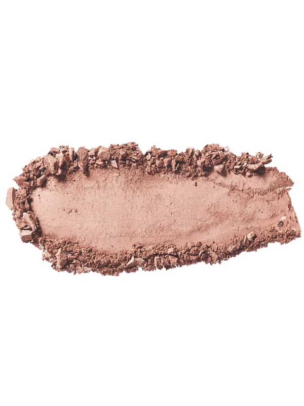 A swatch of 100% Pure Fruit Pigmented® Eye Shadow 2g by 100% Pure is smeared on a white background, showing light brown color with crushed edges framing a smooth center.