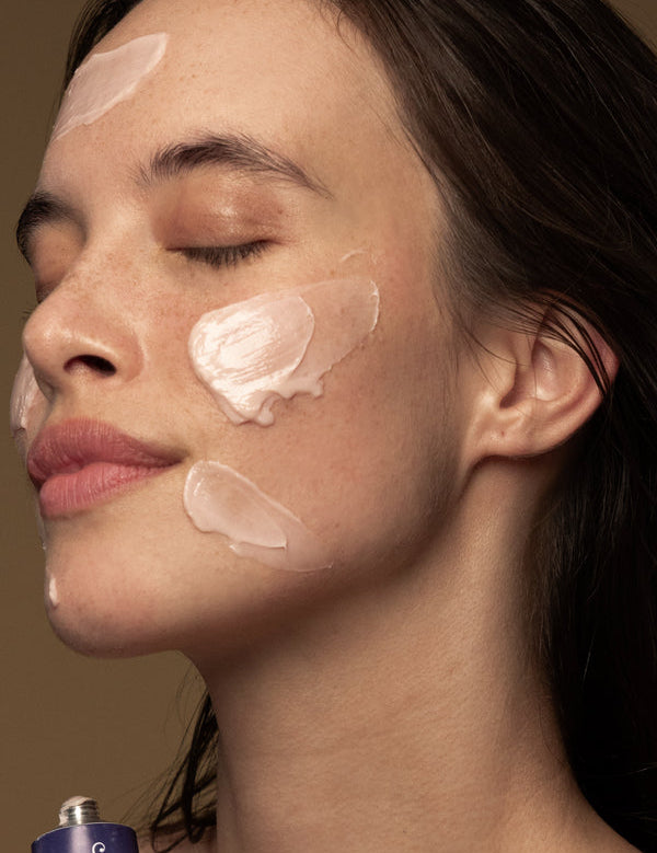 Model wearing Antipodes Flora Probiotic Skin-Rescue Hyaluronic Mask