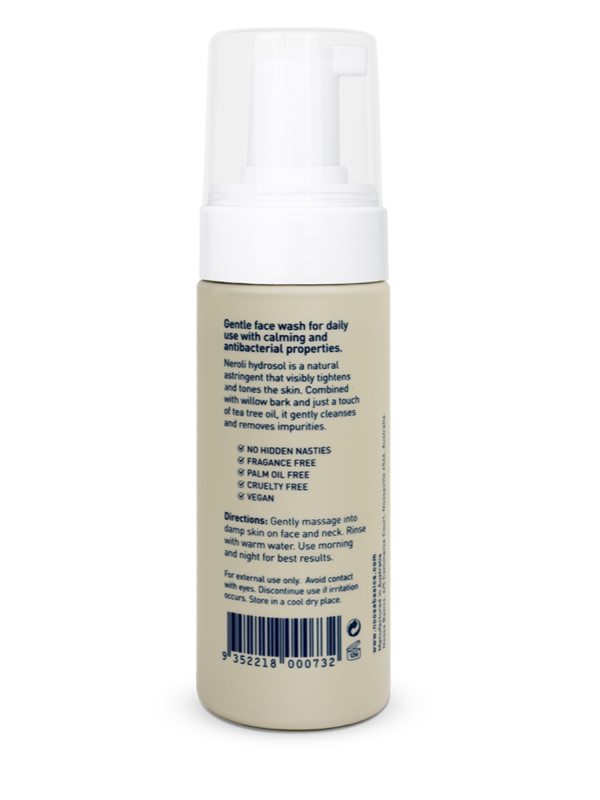 Back of Noosa Basics Foaming Face Wash for acne-prone skin showing directions and barcode.