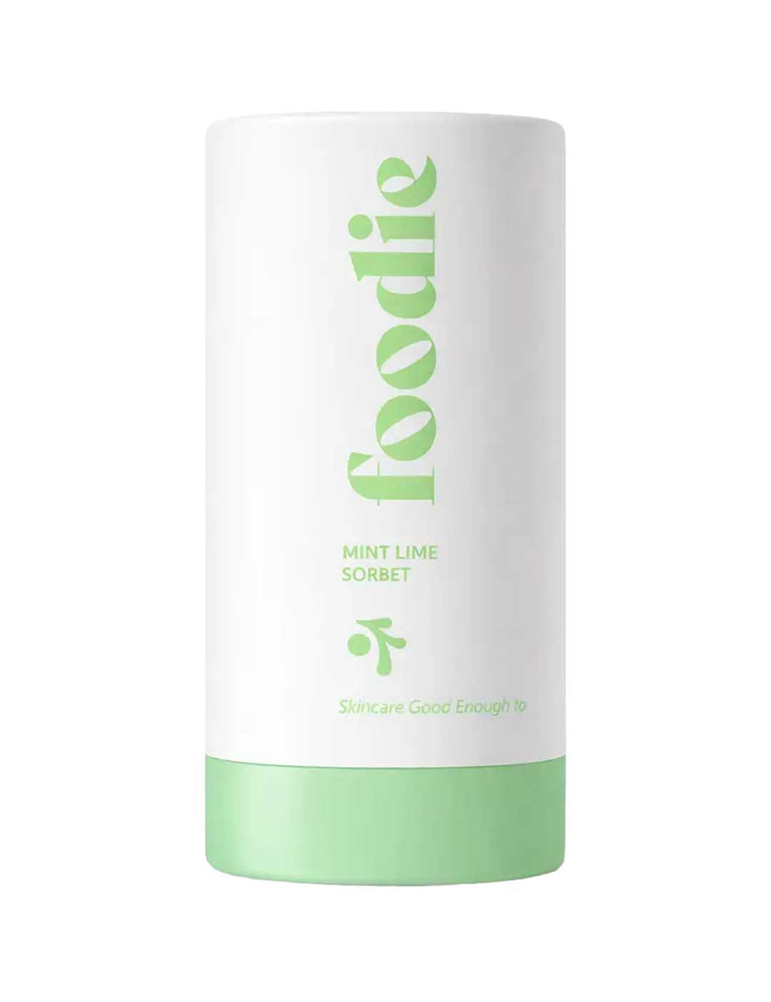 A white cylindrical container with a light green base labeled "foodie" and "Mint Lime Sorbet" houses the 25ml Foodie Mint Lime Sorbet Roll On Deodorant—skincare good enough to eat, ideal for sensitive skin seeking a refreshing mint lime scent.