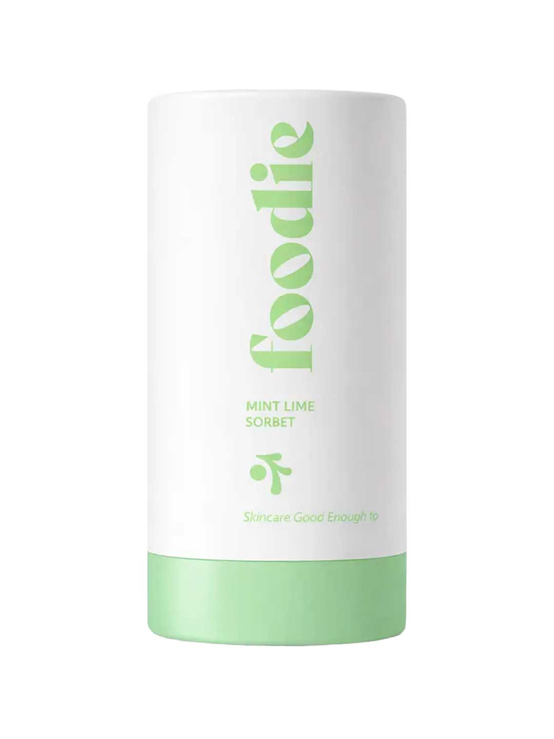 A white cylindrical container with a light green base labeled "foodie" and "Mint Lime Sorbet" houses the 25ml Foodie Mint Lime Sorbet Roll On Deodorant—skincare good enough to eat, ideal for sensitive skin seeking a refreshing mint lime scent.