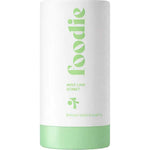 A white cylindrical container with a light green base labeled "foodie" and "Mint Lime Sorbet" houses the 25ml Foodie Mint Lime Sorbet Roll On Deodorant—skincare good enough to eat, ideal for sensitive skin seeking a refreshing mint lime scent.