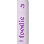 Foodie Passion Pop Pout Lip Balm 10g comes in a light purple cylindrical bottle with "foodie" in bold purple and "PASSION POP POUT" on the label, all packaged in natural, plastic-free packaging.