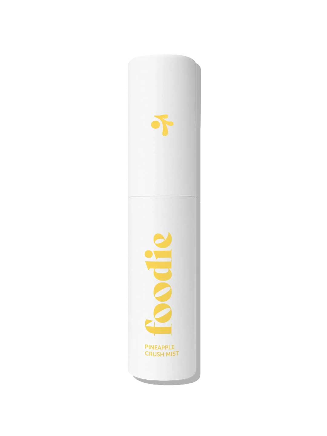 A white cylindrical spray bottle labeled “foodie” in large yellow text with “PINEAPPLE CRUSH MIST” below, this 10ml Foodie Pineapple Crush Face & Body Mist features a small yellow abstract logo—ideal as a refreshing, natural face and body mist.