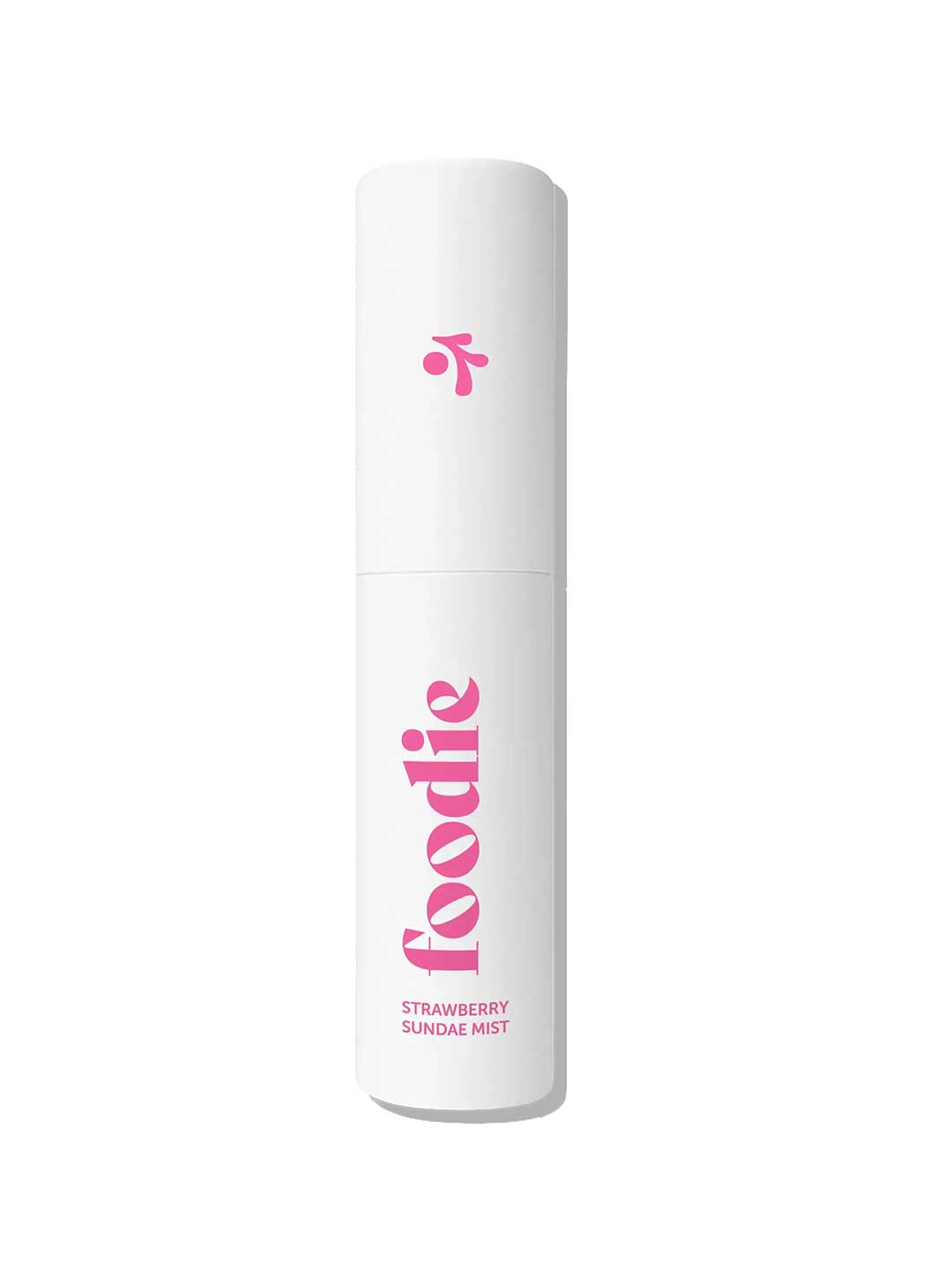A white cylindrical spray bottle labeled "foodie" in pink, with "STRAWBERRY SUNDAE MIST" at the bottom and a small pink icon above the brand name. This Australian-made 10ml face & body mist features a sweet strawberry scent.