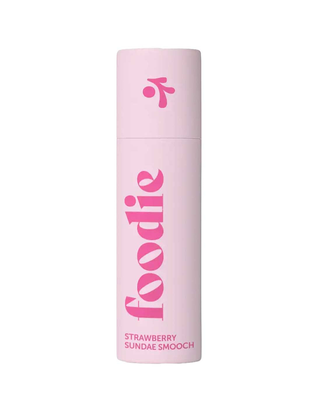 Foodie Strawberry Sundae Smooch Lip Balm 10g comes in a light pink, plastic-free cylindrical tube with “foodie” in bold pink letters and “STRAWBERRY SUNDAE SMOOCH” below. The cap features a small pink design.