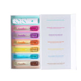 An open box holds the Foodie Sweet Spritz Mist Kit (6 x 10ml), featuring six colorful Face & Body Mists with assorted caps, plus a printed guide showing their fruity scents and names.