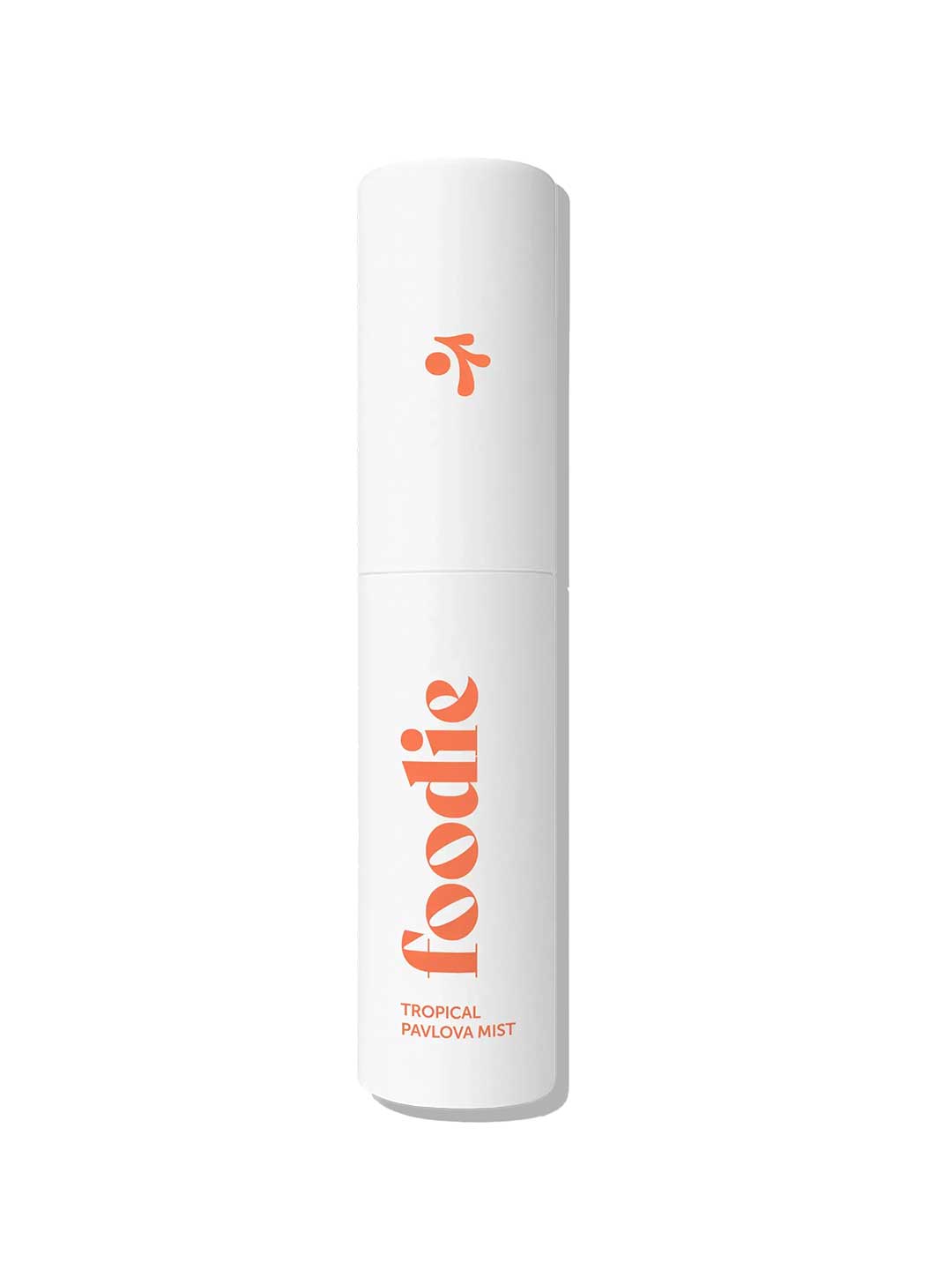 A white cylindrical 10ml spray bottle labeled “Foodie” in orange text holds the Tropical Pavlova Face & Body Mist. Minimalistic design with a small orange icon, perfect for a burst of tropical freshness in your routine.