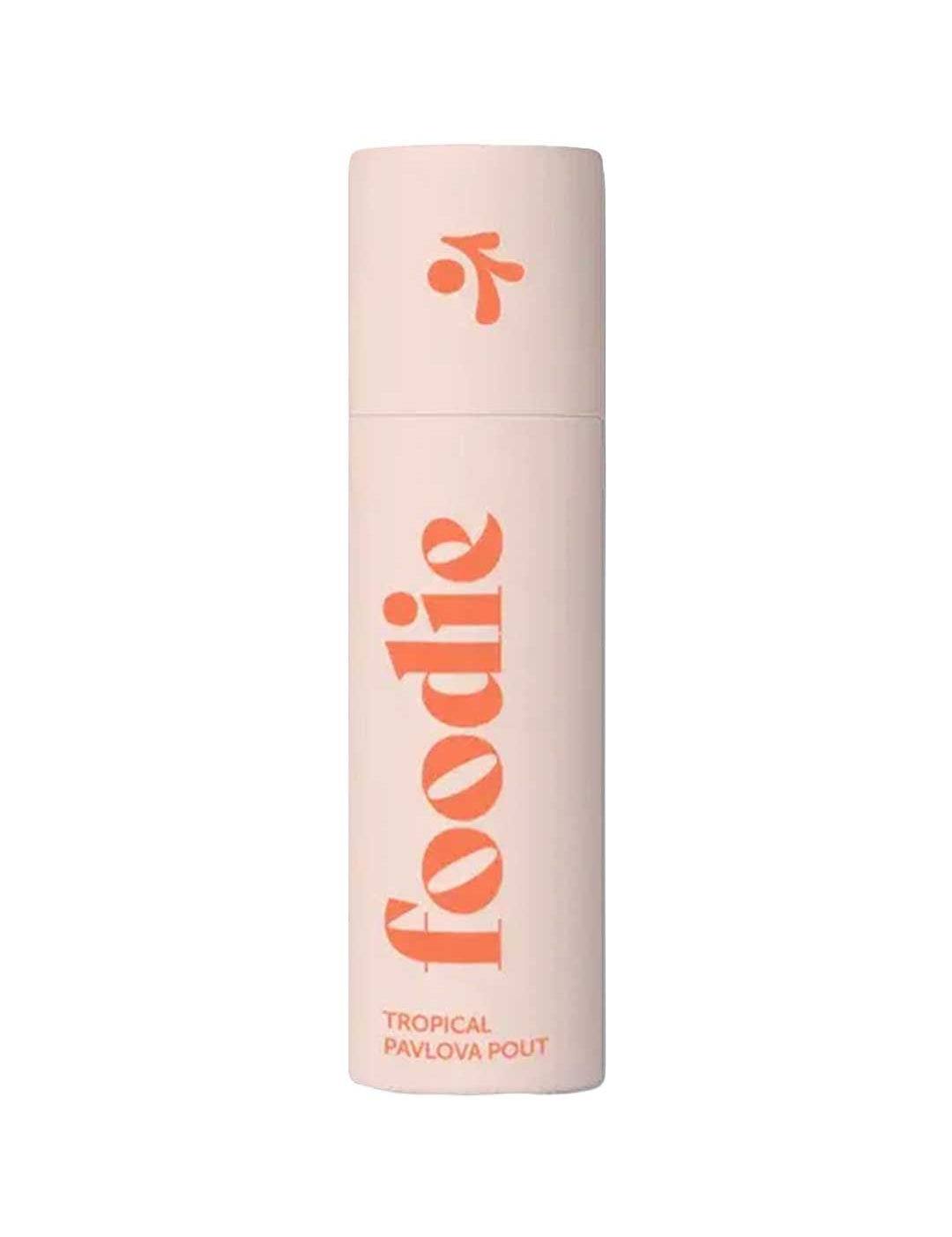 A light pink cylindrical bottle of Foodie Tropical Pavlova Pout Lip Balm 10g features large orange "foodie" lettering with "TROPICAL PAVLOVA POUT" below, both vertically aligned. The cap has an orange abstract design and is plastic-free.