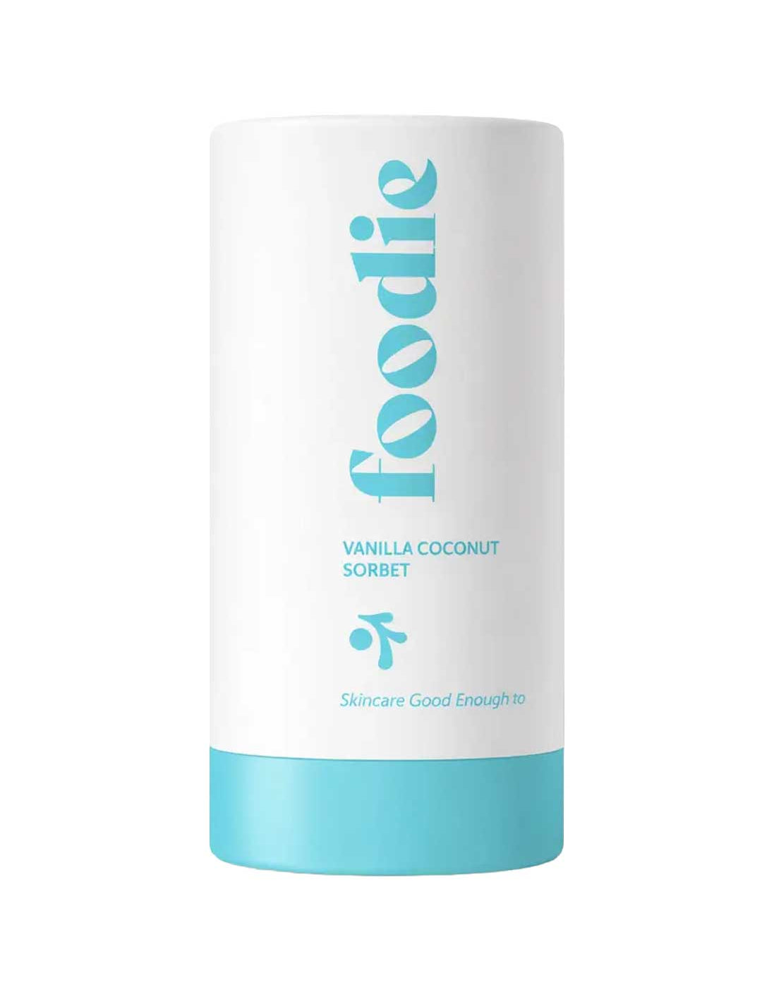 The Foodie Vanilla Coconut Sorbet Roll On Deodorant 25ml comes in a white cylinder with a light blue base and bold "foodie" lettering. Perfect for sensitive skin, it reads "Skincare Good Enough to" on the front.