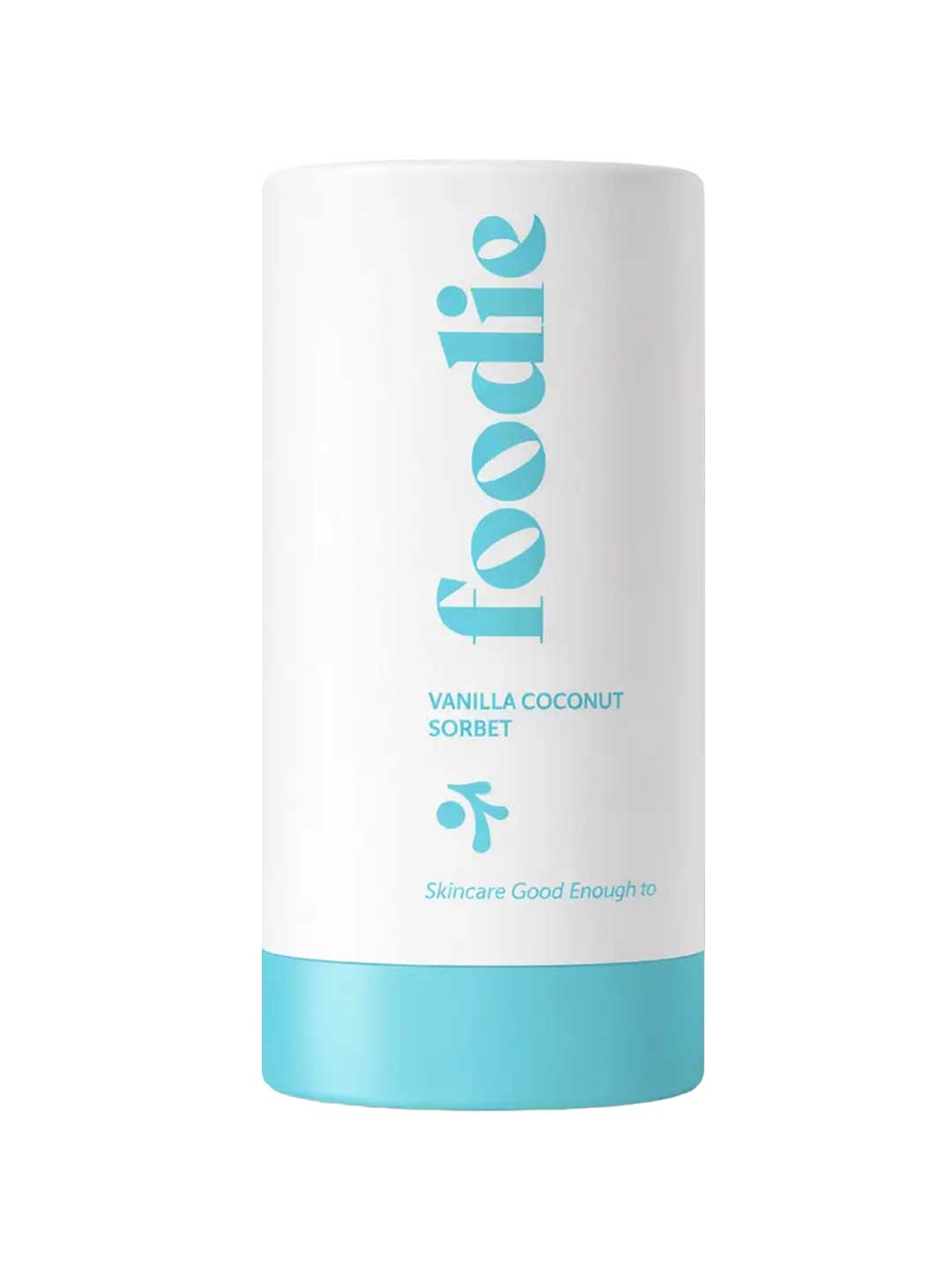 The Foodie Vanilla Coconut Sorbet Roll On Deodorant 25ml comes in a white cylinder with a light blue base and bold "foodie" lettering. Perfect for sensitive skin, it reads "Skincare Good Enough to" on the front.