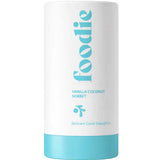 The Foodie Vanilla Coconut Sorbet Roll On Deodorant 25ml comes in a white cylinder with a light blue base and bold "foodie" lettering. Perfect for sensitive skin, it reads "Skincare Good Enough to" on the front.