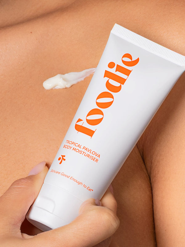 Applying Foodie Tropical Pavlova Body Moisturiser