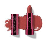 A tube of 100% Pure Pomegranate Oil Moisturising Lipstick 4.5g in berry pink mauve, with its cap beside it. A Foxglove shade swatch is smeared behind, highlighting this moisturising lipstick enriched with pomegranate oil.