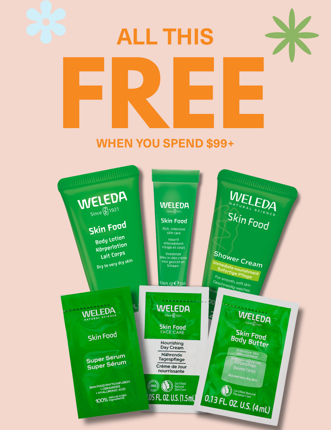 Six green Clean Nectarine FREE Skin Food Sample Boxes are displayed on a peach background with flowers and text: FREE with all orders $99+ (automatically added to your cart).