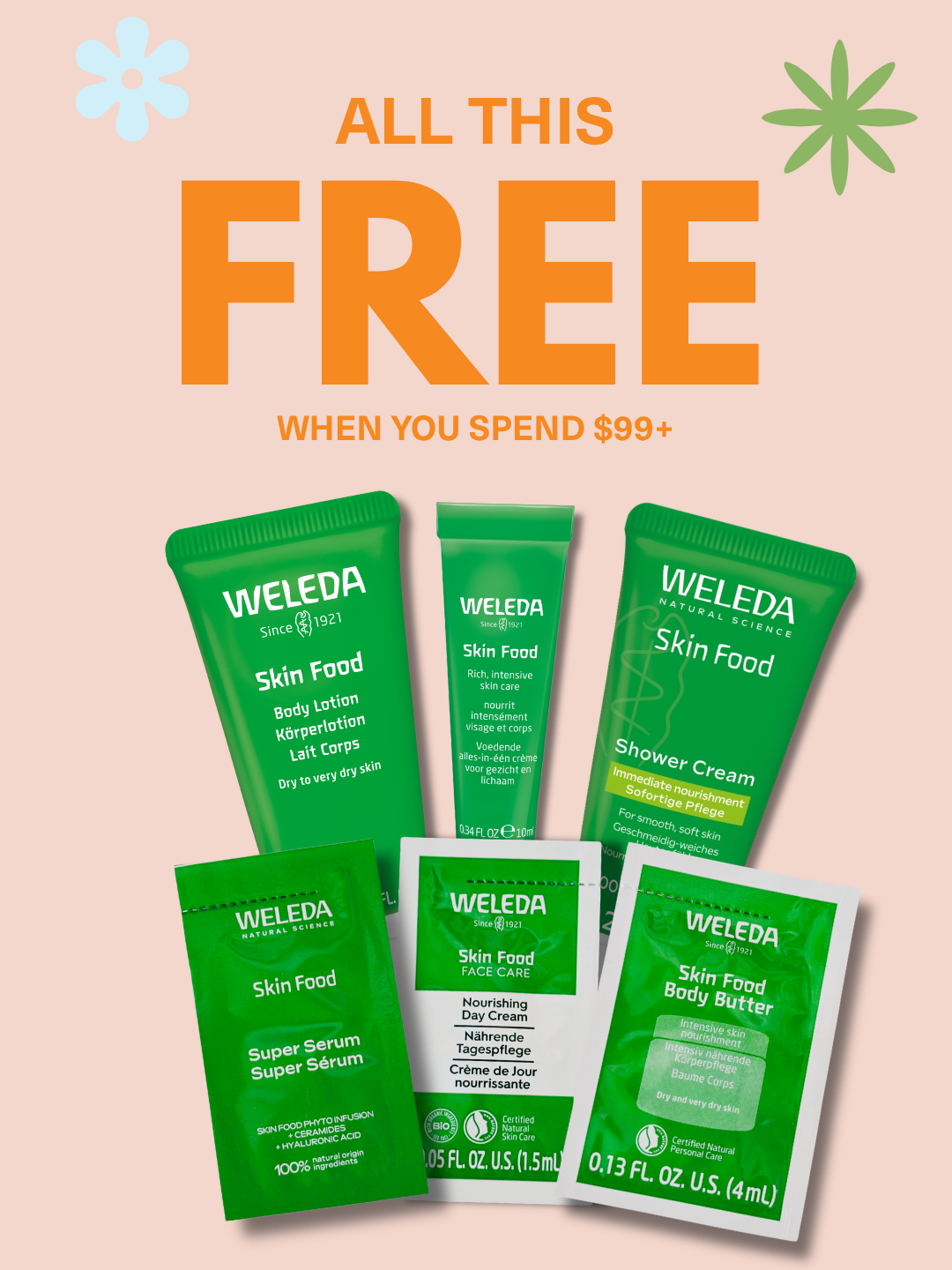 Six green Clean Nectarine FREE Skin Food Sample Boxes are displayed on a peach background with flowers and text: FREE with all orders $99+ (automatically added to your cart).