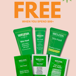 Six green Clean Nectarine FREE Skin Food Sample Boxes are displayed on a peach background with flowers and text: FREE with all orders $99+ (automatically added to your cart).